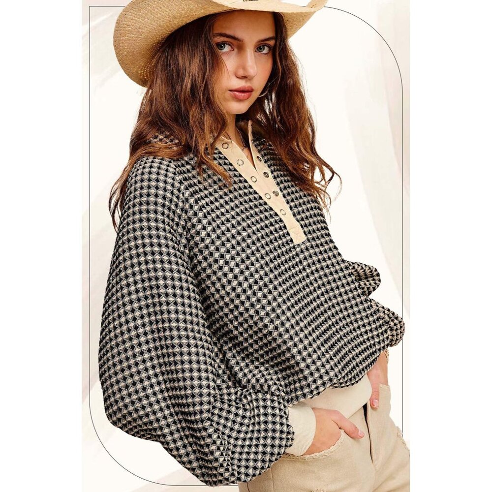 La Miel HCS3576 OVERSIZED TWO TONE TEXTURED LONG SLEEVE TOP